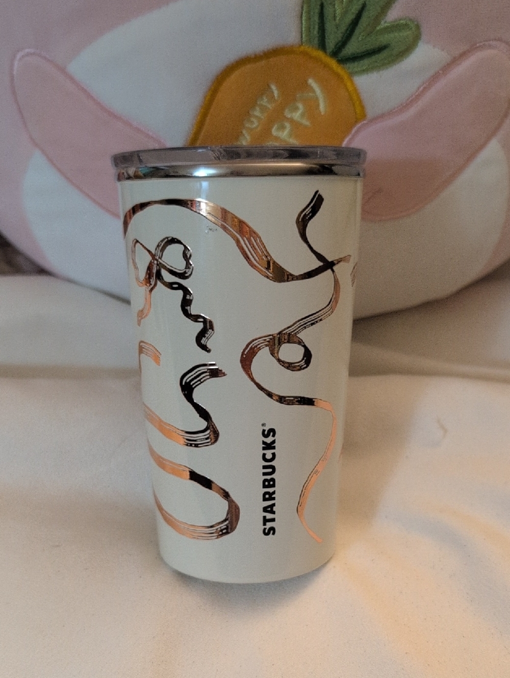 2025 Starbucks LE Holiday Creamy-White Tumbler with Rose Gold Ribbons ✨NWT✨
